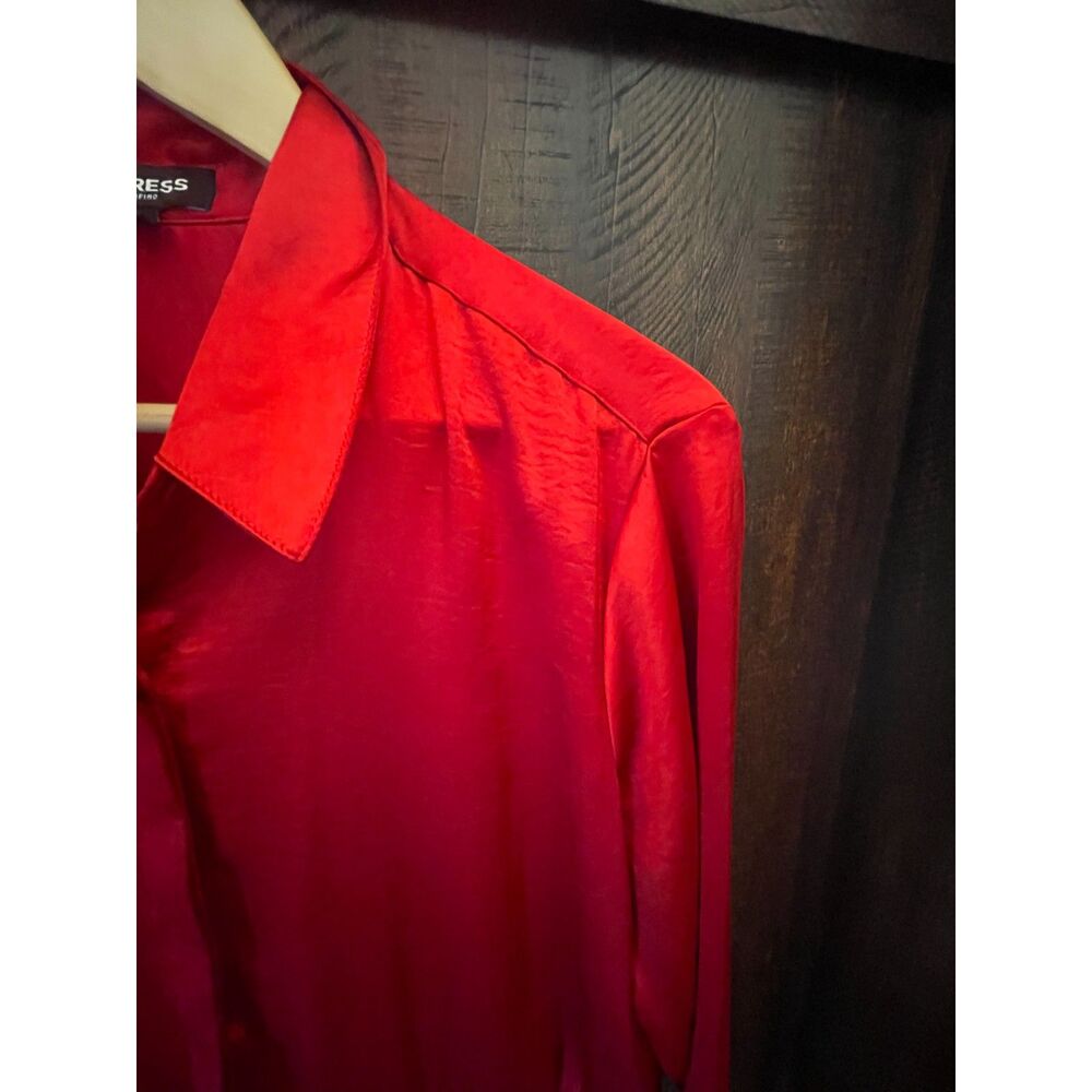 Portofino Bow Tie Neck Blouse Women's M Burgundy Satin Long Sleeve Office Top - Picture 3 of 5